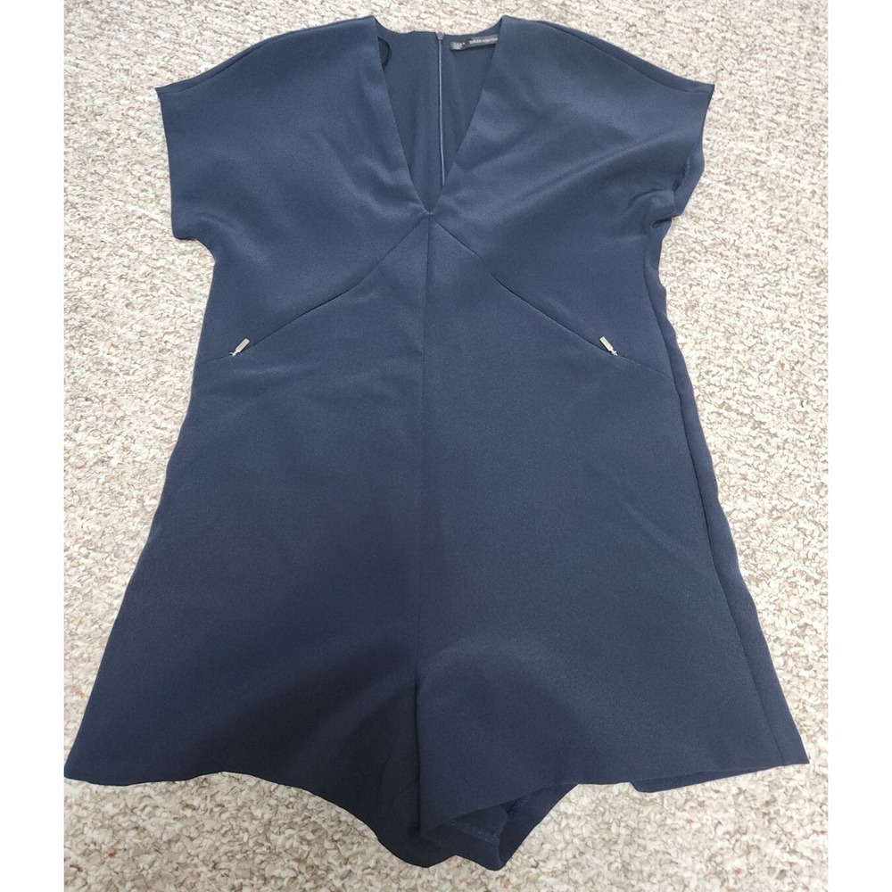 Zara Trafaluc V neck Romper Small Navy Blue Basic Minimalist Pockets Zipper